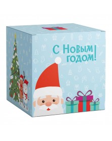 Подарочная коробка для кружки  В гостях у деда мороза голубая..