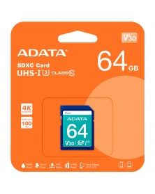 Карта памяти  SDHC    64Gb (Class  10)  A-DATA UHS-1 U3 V30 (100/80Mb/s)..